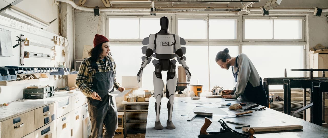 Tesla Optimus Gen 3 in the workshop scene
